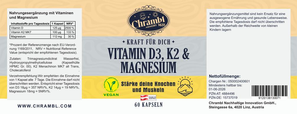 Vitamin D3, K2 & Magnesium "Kraft für Dich" - 60 Kapseln. Stärke deine Knochen und Muskeln. - Chrambl