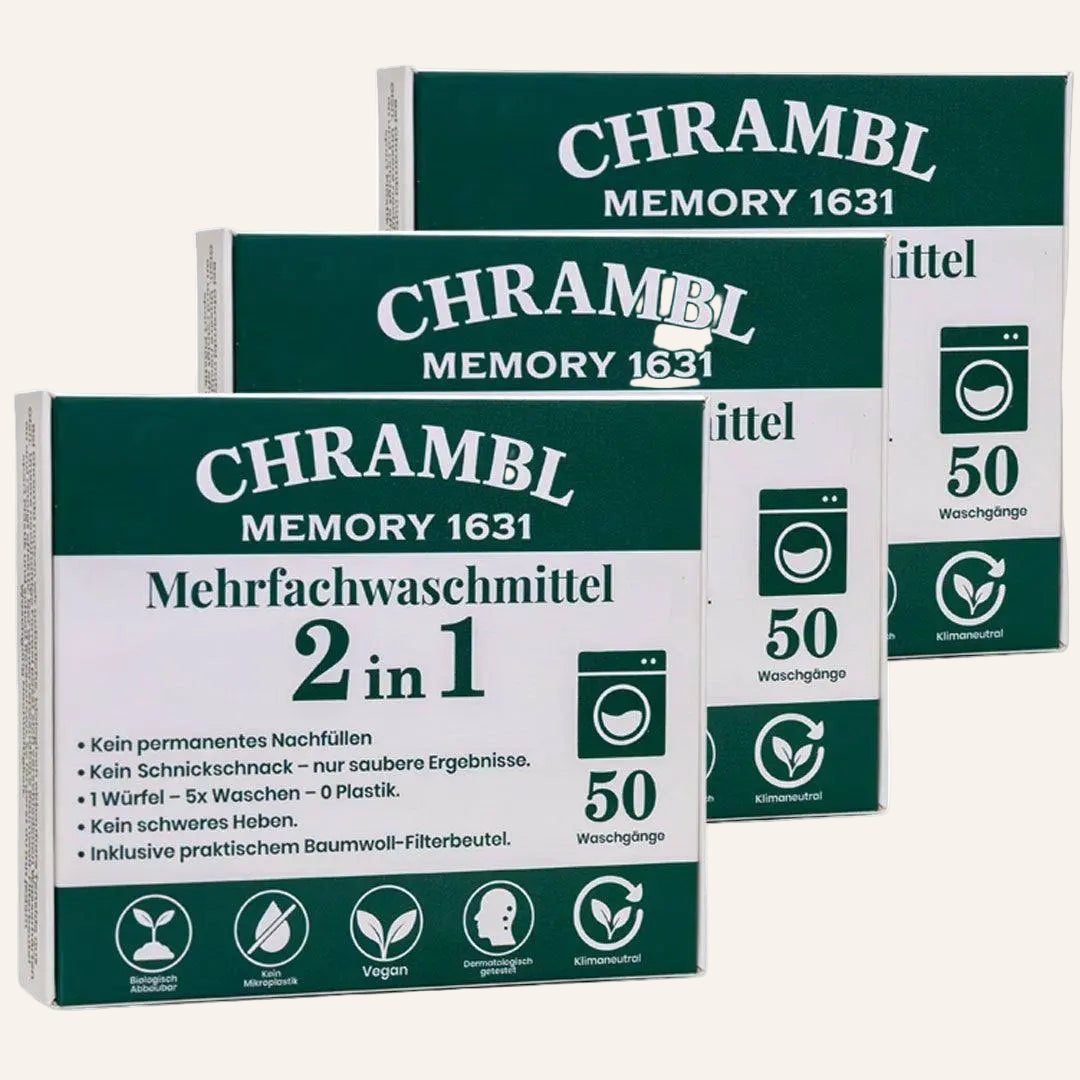 Vorratspaket Chrambl® 2in1 – 30 Multi-Wasch-Würfel für bis zu 150 Waschgänge mit Baumwollfilterbeutel – Chrambl